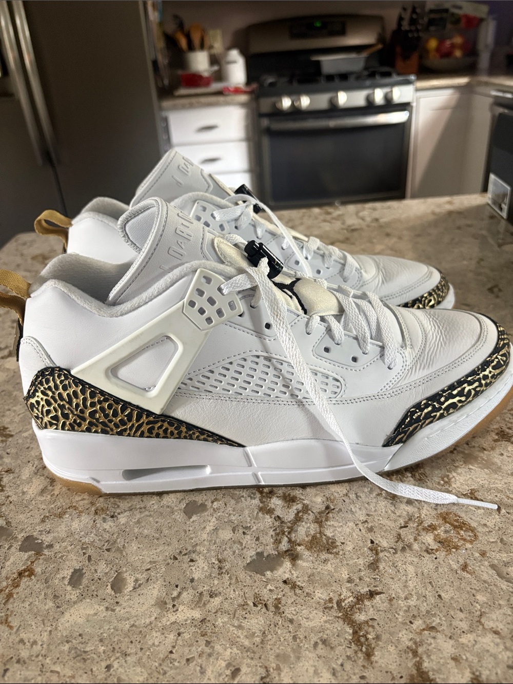 Men's White Leather Sneakers with Gold Leopard Accent